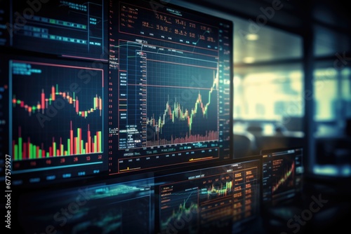 Financial figures analyzing market data on large displays