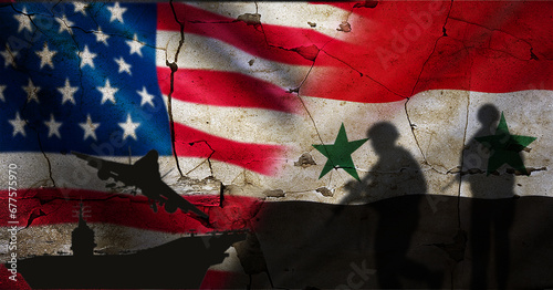 Conflict between USA and Syria concept. Political tension between the USA and Syria. United States vs Syria flag on cracked wall photo