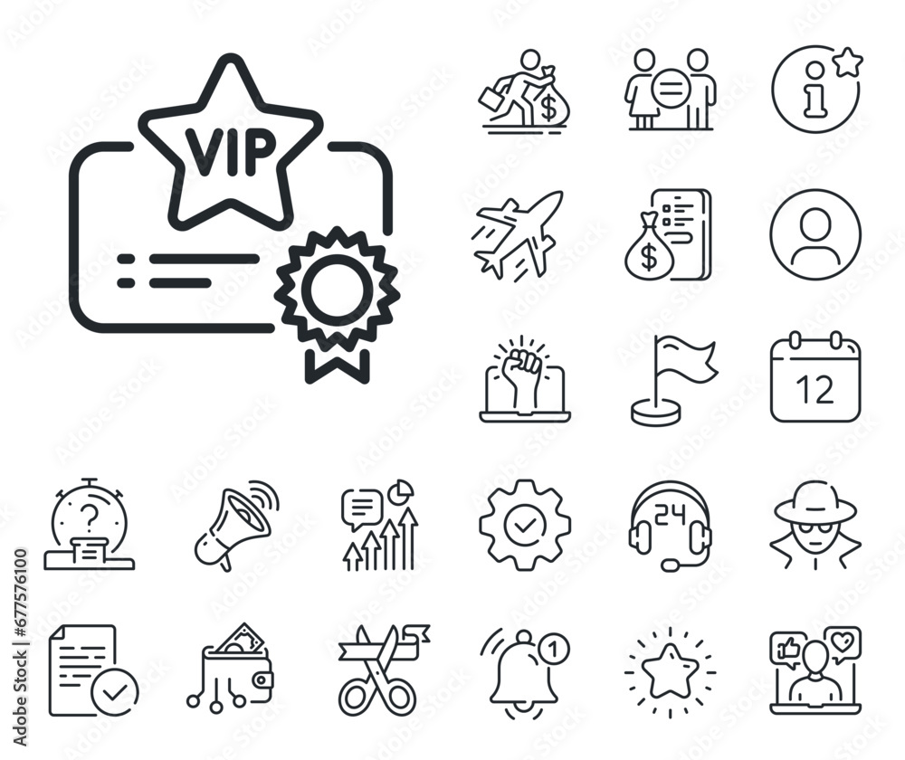 Very important person document sign. Salaryman, gender equality and alert bell outline icons. Vip certificate line icon. Member club privilege symbol. Vip certificate line sign. Vector