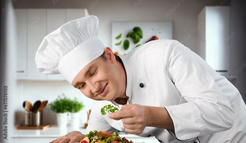 A professional chef creates food at kitchen A professional chef creates food at kitchen