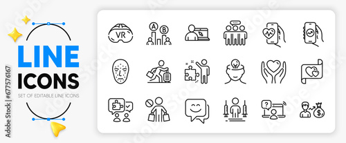 Stop shopping, Cardio training and Coronavirus injections line icons set for app include Employees group, Mental health, Salary outline thin icon. Ab testing, Vr. Yellow 3d stars with cursor. Vector