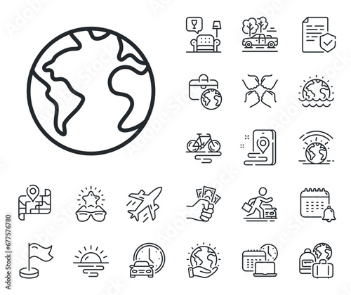 Web internet sign. Plane jet, travel map and baggage claim outline icons. World planet line icon. Global marketing symbol. World planet line sign. Car rental, taxi transport icon. Vector