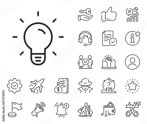 Lamp sign. Salaryman, gender equality and alert bell outline icons. Light Bulb line icon. Idea, Solution or Thinking symbol. Light bulb line sign. Spy or profile placeholder icon. Vector