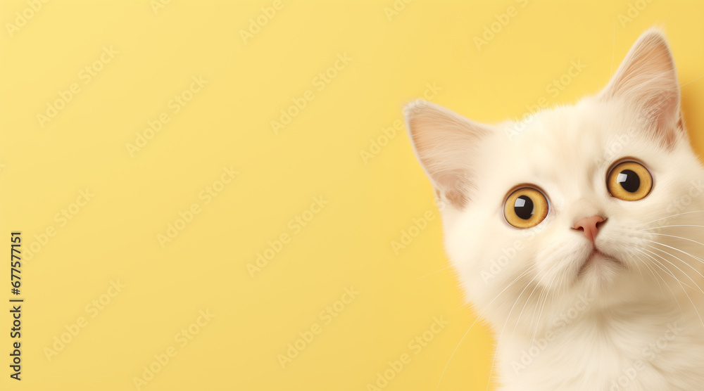 Cute banner with a cat looking up on solid yellow background