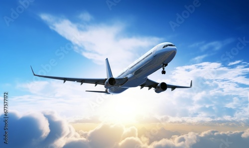 Airplane flying in the air with sunlight shining in blue sky background. Travel journey and Wanderlust transportation concept. 3D illustration, Generative AI