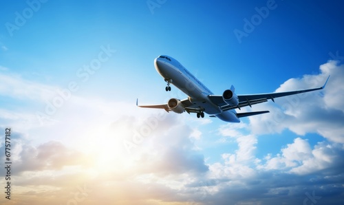 Airplane flying in the air with sunlight shining in blue sky background. Travel journey and Wanderlust transportation concept. 3D illustration  Generative AI