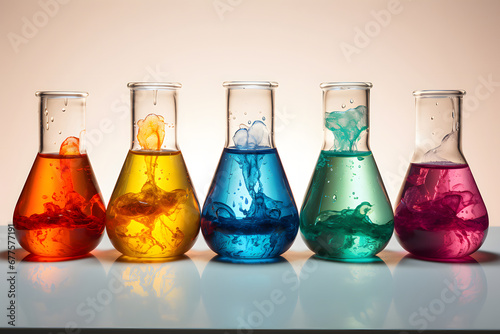 Laboratory glassware with colorful liquids and steam. Chemical reaction