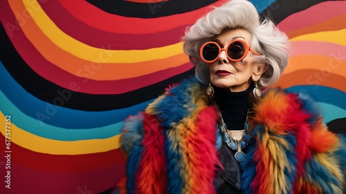 closeup portrait photo of a gorgeous eldery eclectic woman in an eclectic outfit, big glasses, fur coat, cool, posing in front of a striped pretty mural  © Alin