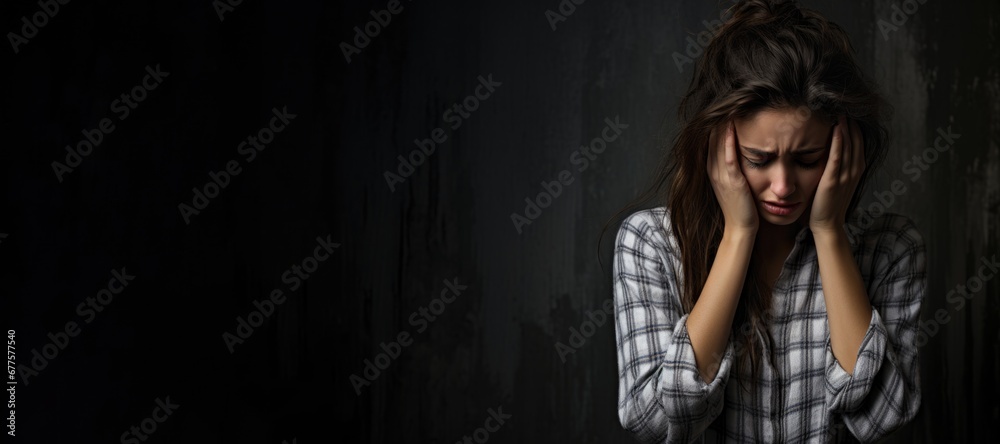 Depressed woman crying with head up on hands on dark background Depressed woman crying with head up on hands on dark background