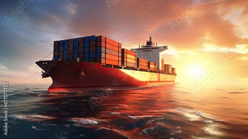 large container ship in the sea at sunset