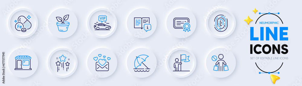 Stars, Certificate and Manual line icons for web app. Pack of Leaves, Vip transfer, Fingerprint pictogram icons. Stop shopping, Love mail, Market signs. Beach umbrella, Iron, Leadership. Vector