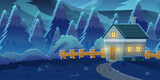 Flat illustration of an old house in the beautiful mountains at night