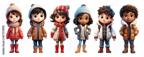 Cute Cartoon Realistic Happy Children Dressed in Winter Clothes Characters Set