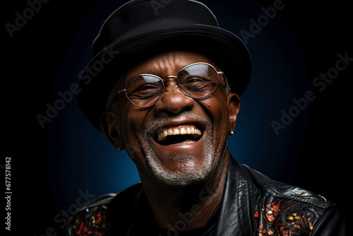 portrait of aged black skin man laughing.