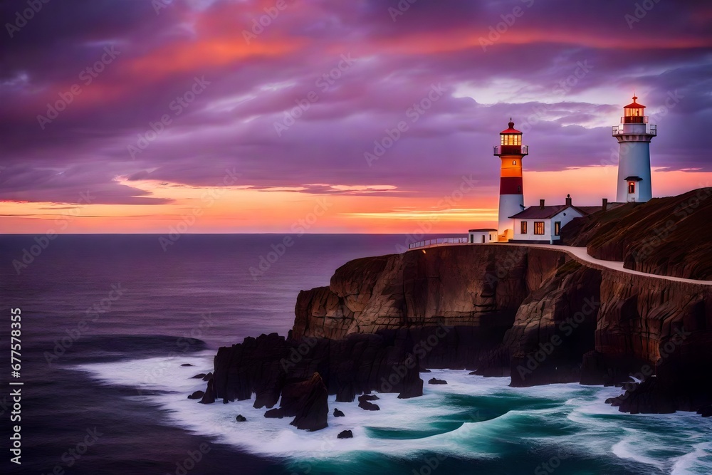 A remote lighthouse perched on a cliff, overlooking the vast ocean, with the evening sky ablaze in hues of orange and purple