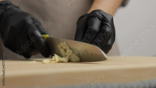 Time-Lapse of Chef's Artistry, Masterfully Chopping Garlic and Crafting Gourmet Delights in Home Kitchen