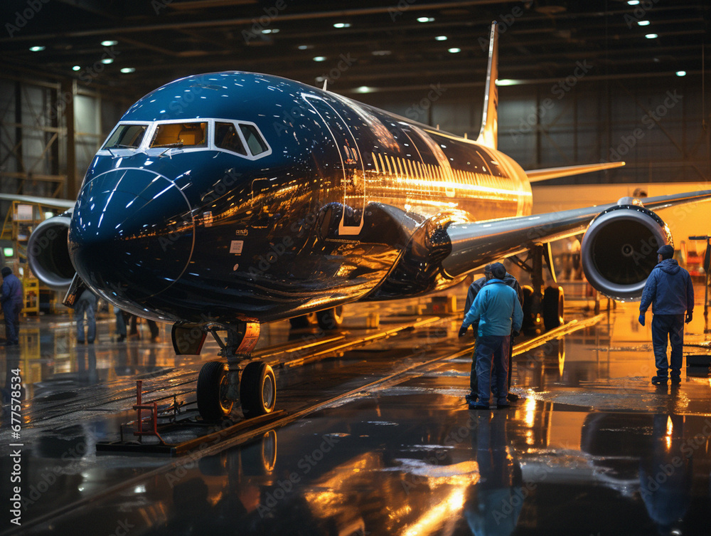 Fototapeta premium Airport Hangar Maintenance: Engineers at Work