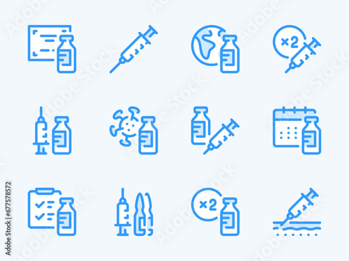 Vaccine and Injection vector line icons. Vaccination and Medicine outline icon set. Antibiotic, Ampoule, Antiviral Drug, Dosage, Syringe, Medicine Bottle, Medication Schedule and more.