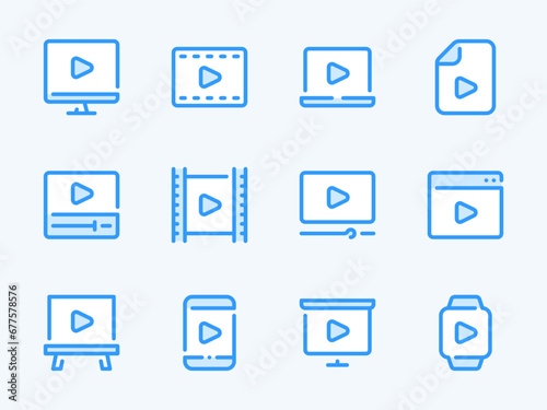 Video and Media Player vector line icons. Film, Movie and Play content outline icon set. Online Viewing, Presentation, Computer, Mobile Phone, Video File, Cinema Film and more.