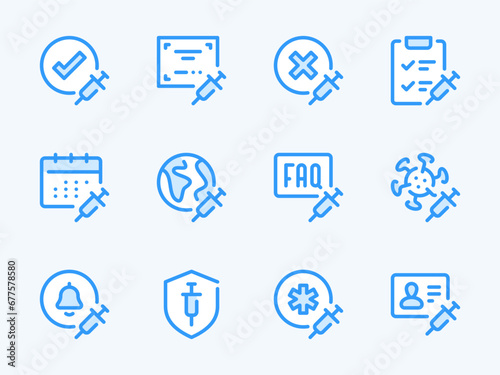 Vaccine and Injection vector line icons. Vaccination and Medicine outline icon set. Certified Therapy, Treatment Plan, Patient Documents, Antiviral Drug, Global Vaccination and more.