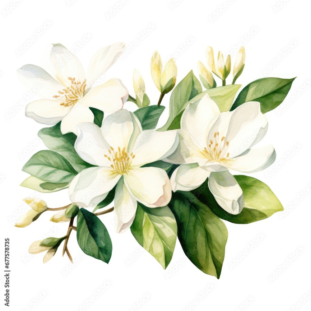 watercolor jasmine flowers illustration on a white background. watercolor jasmine flowers illustration on a white background.