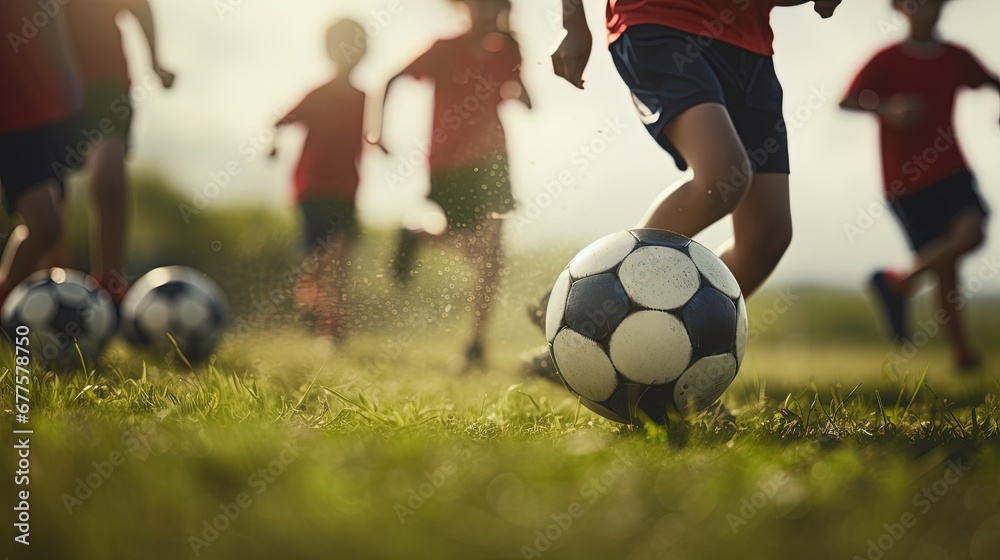 Obraz premium Kids having fun playing soccer football. children's recreational activities. exercise. physical education. sport outdoors