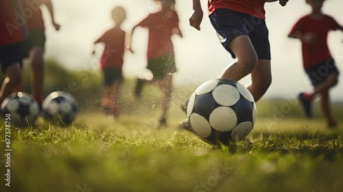 Kids having fun playing soccer football. children s recreational activities. exercise. physical education. sport outdoors
