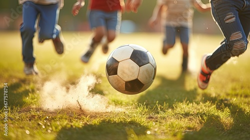 Kids having fun playing soccer football. children's recreational activities. exercise. physical education. sport outdoors