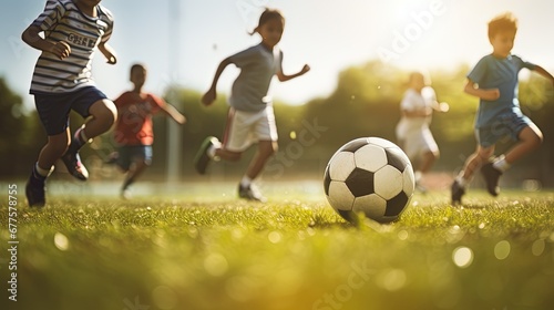 Kids having fun playing soccer football. children's recreational activities. exercise. physical education. sport outdoors