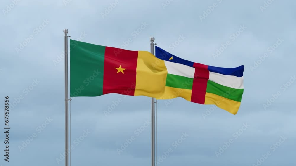Central African Republic flag and Cameroon flag waving together on cloudy sky, endless seamless loop, two country relations concept Central African Republic flag and Cameroon flag waving together on cloudy sky, endless seamless loop, two country relations concept