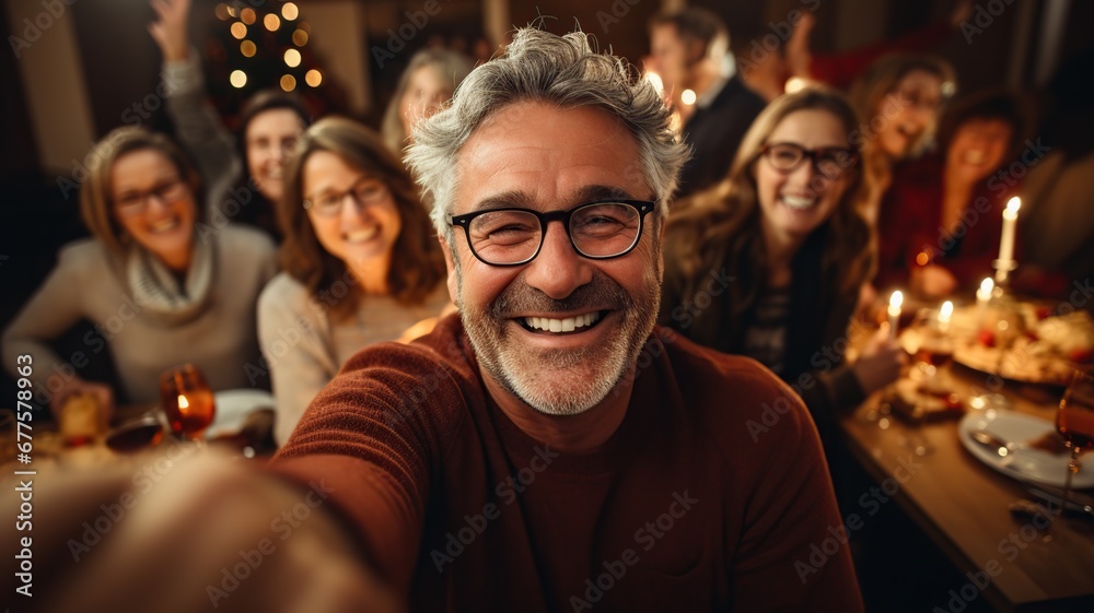 Grupo de gente adulta de 50 años haciendose un selfie mientras celebran una fiesta de jubilacion con cena. - obrazy, fototapety, plakaty 