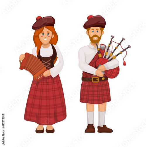 Scotland People In Uniform Playing Traditional Music Instrument Character Illustration Vector photo