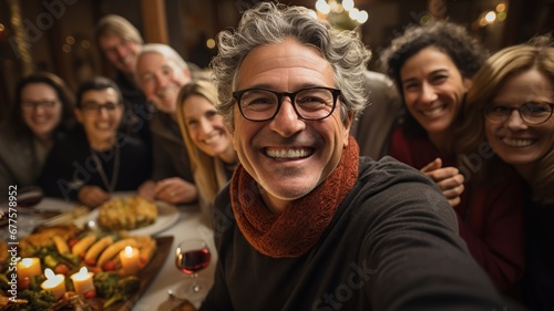 Grupo de gente adulta de 50 años haciendose un selfie mientras celebran una fiesta de jubilacion con cena. photo