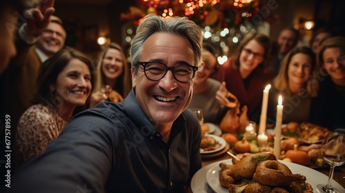Grupo de gente adulta de 50 a  os haciendose un selfie mientras celebran una fiesta de jubilacion con cena.