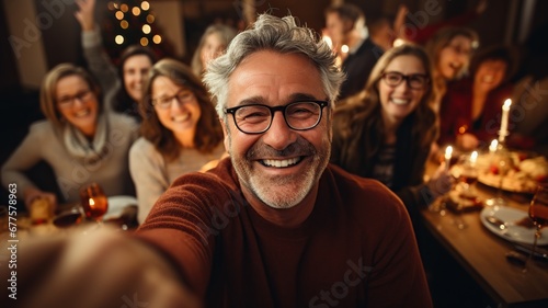 Grupo de gente adulta de 50 años haciendose un selfie mientras celebran una fiesta de jubilacion con cena. photo