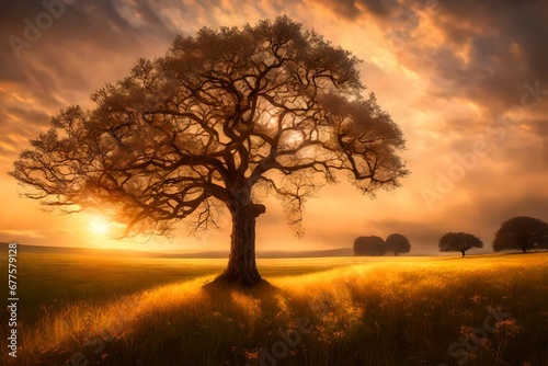 A peaceful meadow with a lone tree standing tall  its branches adorned with the warm glow of the setting sun