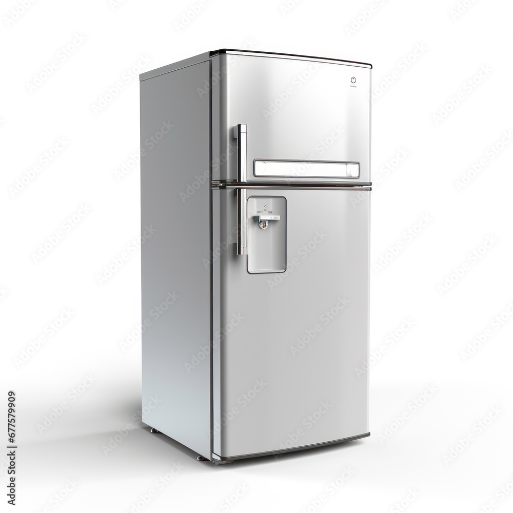 Top Mount Fridge Isolated on White Background. Side View of Stainless Steel Double Door Refrigerator. Modern Kitchen and Household Domestic Appliances. Full Frost Free Freezer. Top Mount Fridge Isolated on White Background. Side View of Stainless Steel Double Door Refrigerator. Modern Kitchen and Household Domestic Appliances. Full Frost Free Freezer.