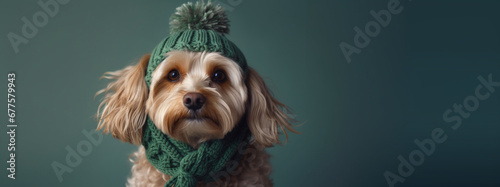 A dog in a green scarf and hat. AI Generated photo