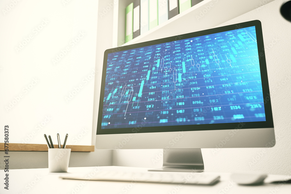 Computer monitor with abstract creative analytics data spreadsheet, analytics and analysis concept. 3D Rendering Computer monitor with abstract creative analytics data spreadsheet, analytics and analysis concept. 3D Rendering