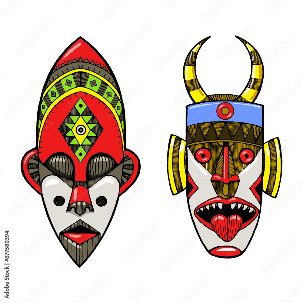 African masks of savages engraving sketch hand drawn color raster illustration. Scratch board style imitation. Hand drawn image. African masks of savages engraving sketch hand drawn color raster illustration. Scratch board style imitation. Hand drawn image.