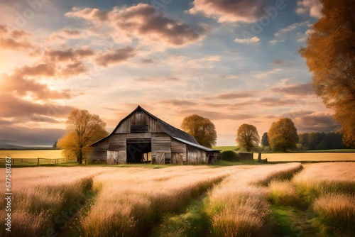 A serene countryside scene with a rustic barn, surrounded by fields, as the sky transforms into a canvas of pastel shades photo