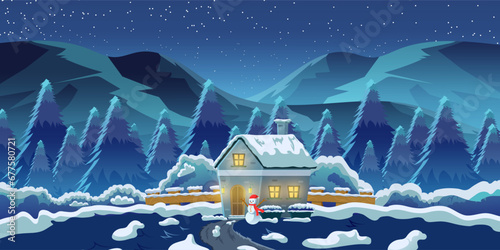 Illustration of a flat background with a beautiful hillside landscape of houses at night