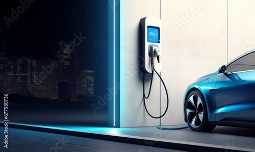 High-speed charging station for electric vehicles at home garage with blue energy battery charger. Fuel power and transportation industry concept. 3D illustration, Generative AI