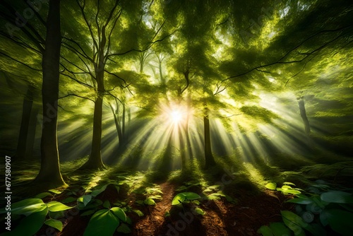 Sunlight filtering through a dense cluster of leaves, creating a serene and enchanting woodland atmosphere.