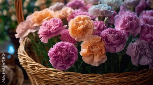 Bouquet of pink and orange carnation flowers in a basket. Mother's Day Concept. Valentine's Day Concept with a Copy Space. Springtime. © John Martin