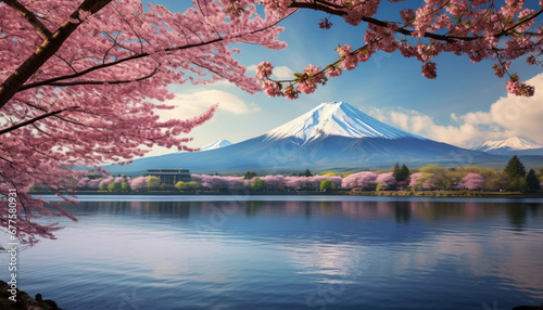 mountain and cherry blossoms generating by AI technology