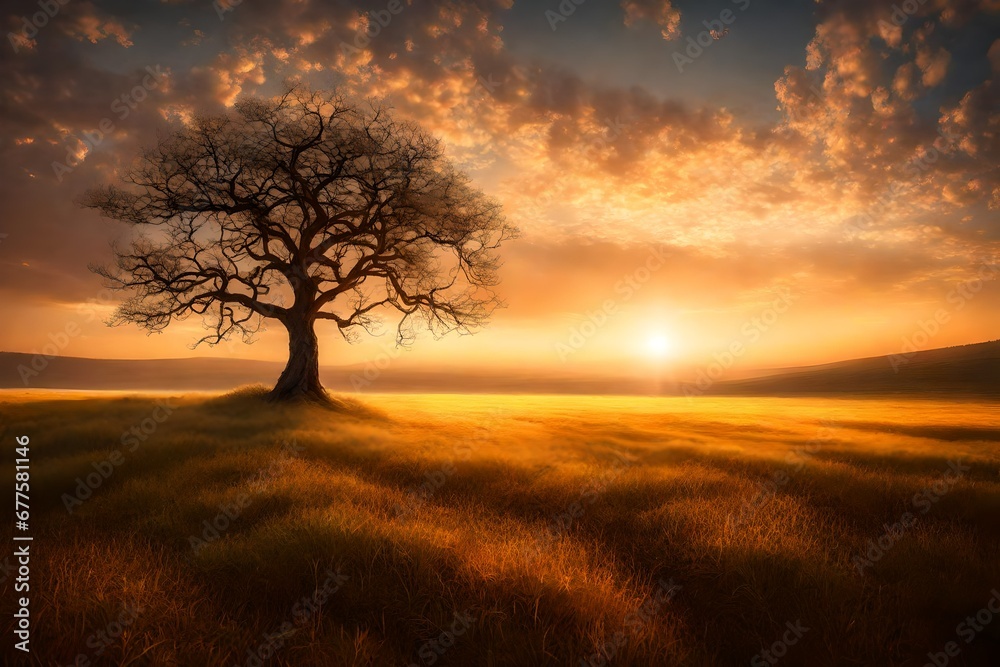 A peaceful meadow with a lone tree standing tall, its branches adorned with the warm glow of the setting sun