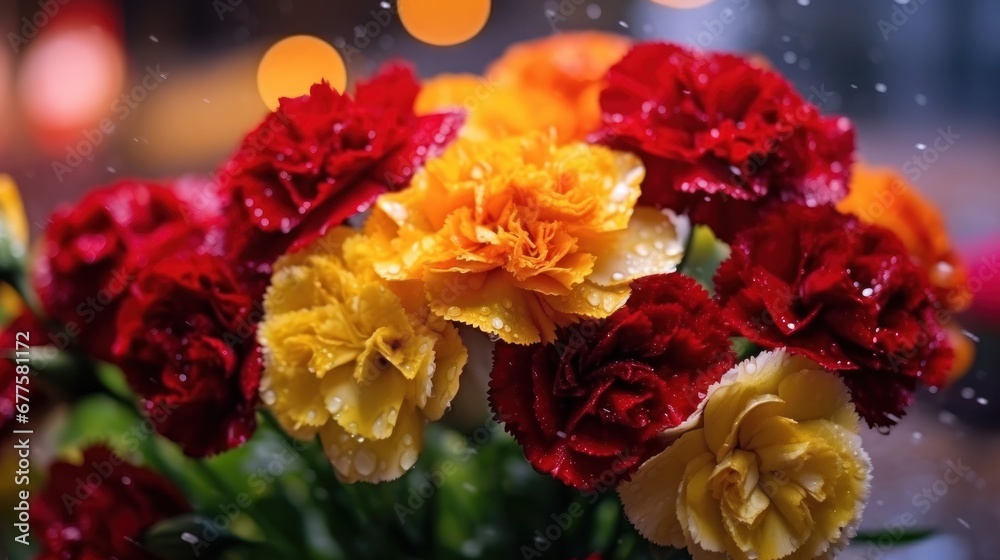 Bouquet of red and yellow carnations in a flower shop. Mother's Day Concept. Valentine's Day Concept with a Copy Space. Springtime.