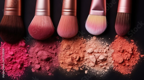 Variety pallet of broken makeup powder and blusher with soft brushes. Sample cosmetics concept. Generative AI photo