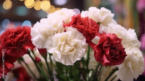 Bouquet of red and white carnation flowers on bokeh background. Mother s Day Concept. Valentine s Day Concept with a Copy Space. Springtime.